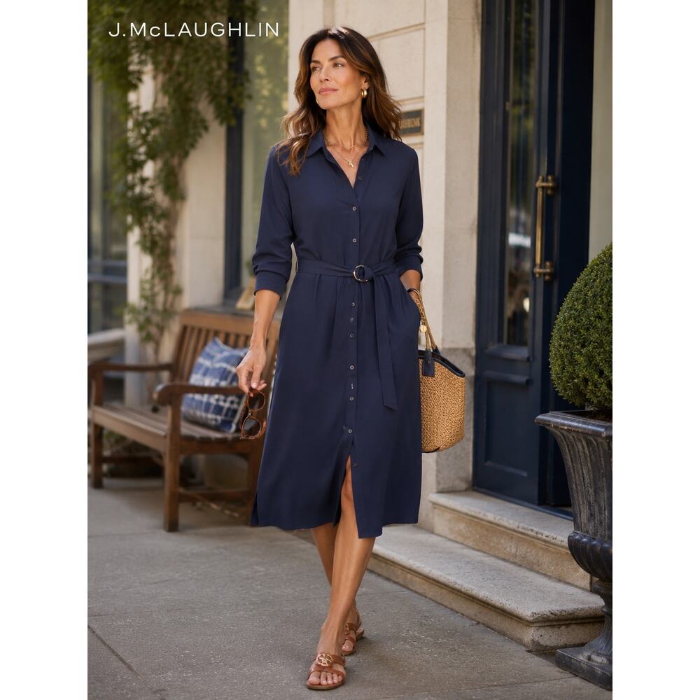 J. McLaughlin Long Sleeve Belted Midi Shirt Dress Navy Blue Women's Size Small